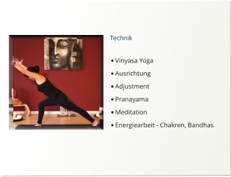 Technik  •	Vinyasa Yoga •	Ausrichtung •	Adjustment •	Pranayama •	Meditation •	Energiearbeit - Chakren, Bandhas