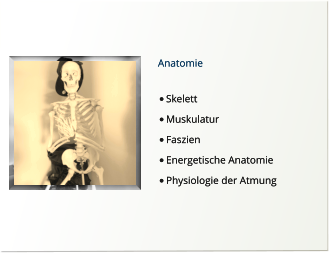 Anatomie  •	Skelett •	Muskulatur •	Faszien •	Energetische Anatomie •	Physiologie der Atmung  Anatomie  •	Skelett •	Muskulatur •	Faszien •	Energetische Anatomie •	Physiologie der Atmung